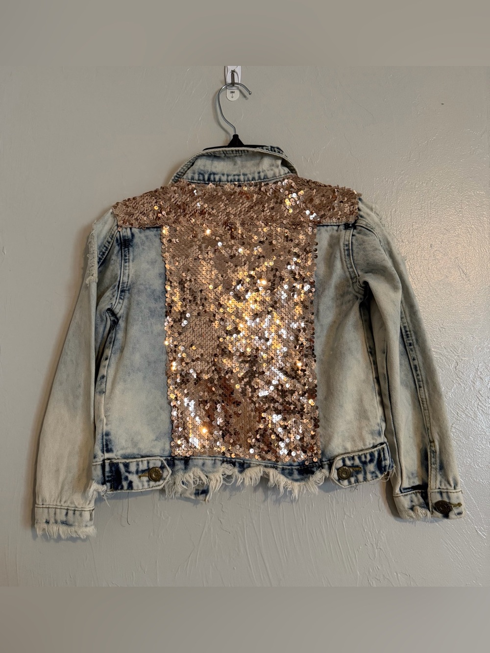 Kids Distressed Denim Jacket with Rose Gold Sequin Accents - Picture 2 of 4
